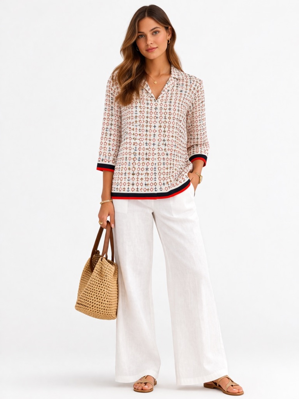 NWT Koret Petite Nautical Anchor & Star Blouse | Red White Blue 3/4 Sleeve